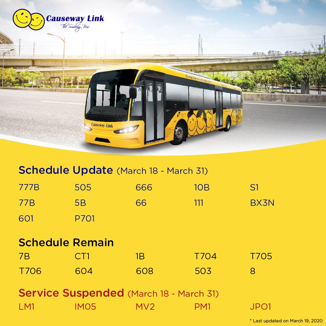 Temporary schedule changes and suspension of Causeway Link local bus services from 18 March 2020 to 31 March 2020.