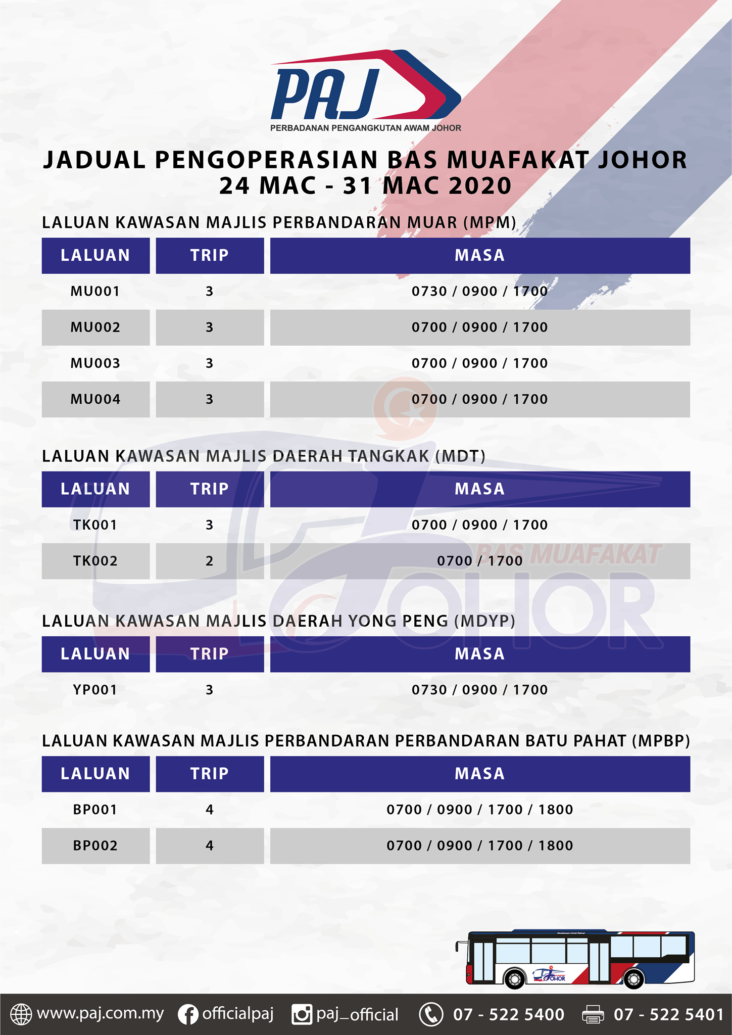 Official PAJ poster on the change in operation hours of Bas Muafakat Johor bus services in Muar, Tangkak, Yong Peng and Batu Pahat districts