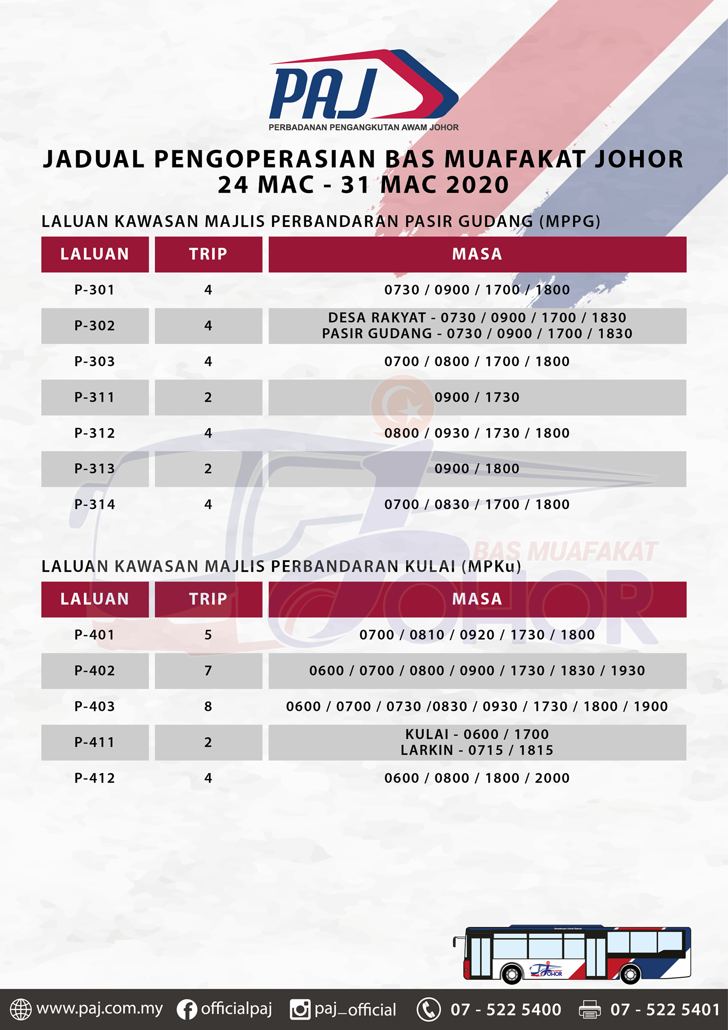 Official PAJ poster on the change in operation hours of Bas Muafakat Johor bus services in Pasir Gudang and Kulai districts