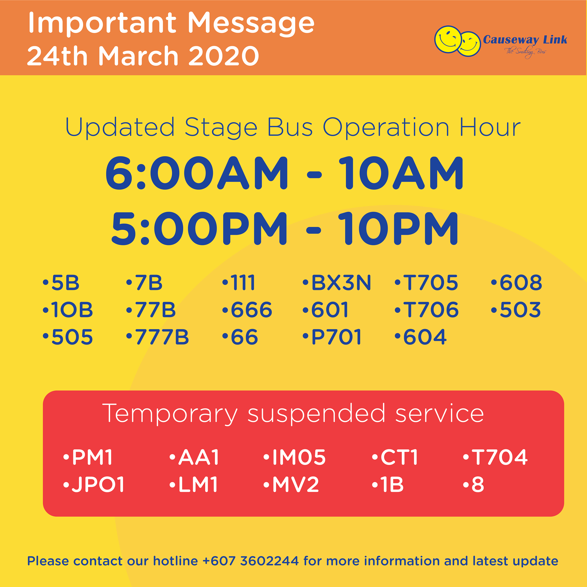 Official Causeway Link announcement on the change in operating hours and suspension of bus services.