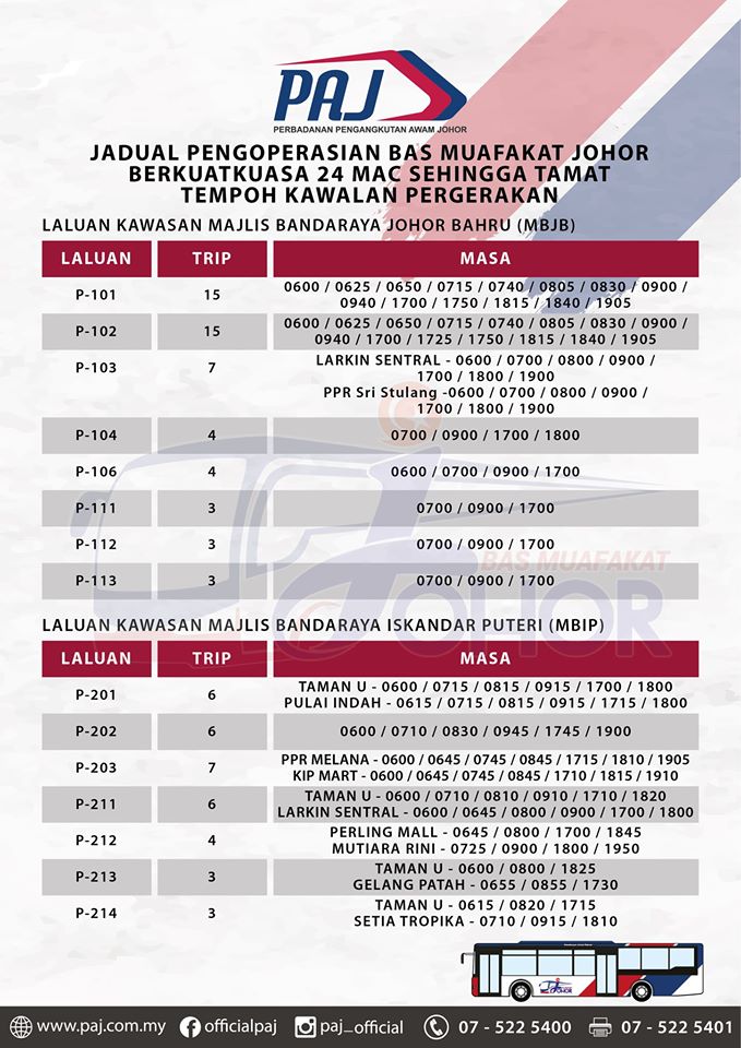 Official PAJ poster on the change in operation hours of Bas Muafakat Johor bus services in Johor Bahru and Iskandar Puteri districts
