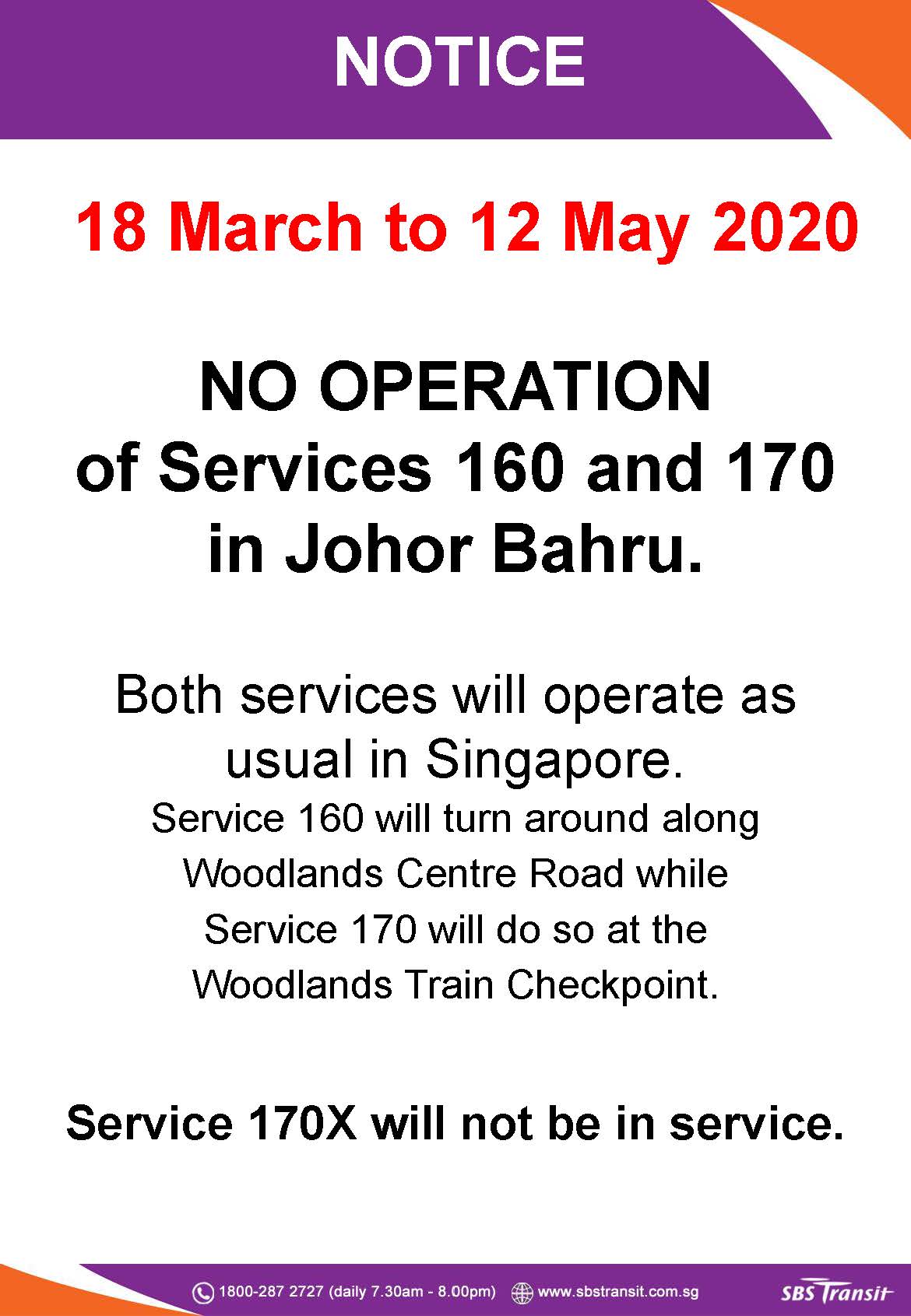 Official poster on operating status of SBS Transit bus services 160, 170 & 170X